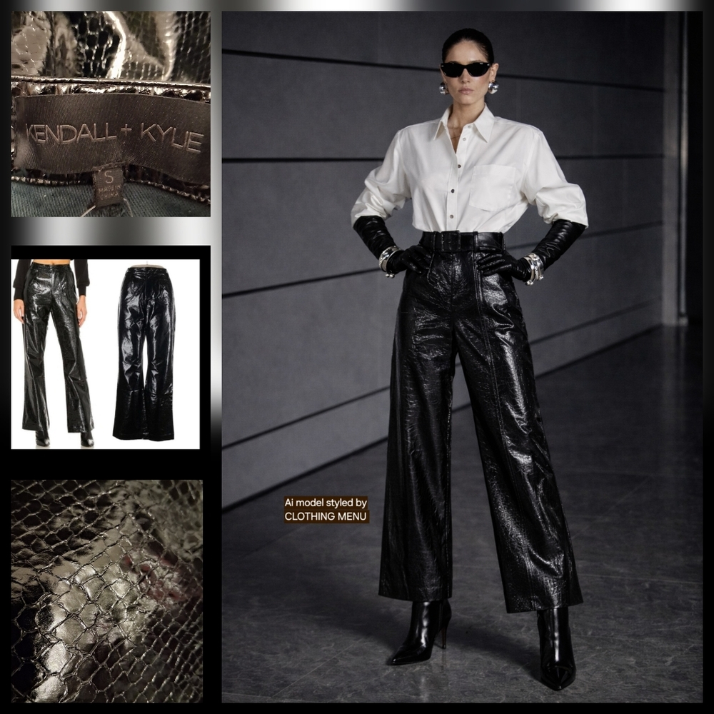 KENDALL & KYLIE Black Vegan Crocodile Leather Wide Leg Pants Women's Size Small